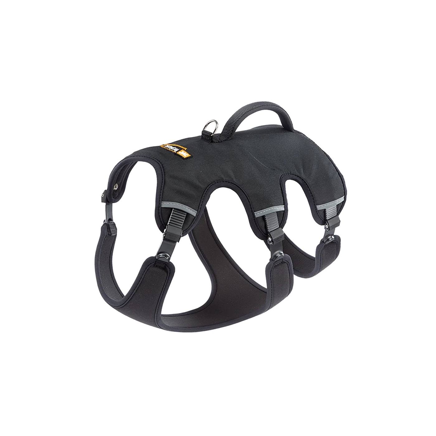 Dubbelklikken om te vergroten Ergotrekking hondentuig in zwart, maat XS, met verstelbare riemen, handvat aan de bovenkant en metalen ring voor bevestiging van de riem, op een witte achtergrond.