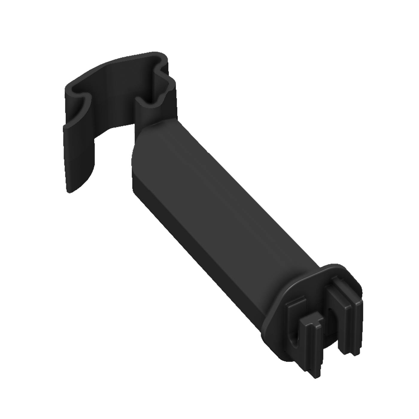 25x Afstandhouder voor T-staanders, 7cm, zwart: Zwarte kunststof clip met haakuiteinde en rechthoekige basis, afgebeeld op een witte achtergrond.