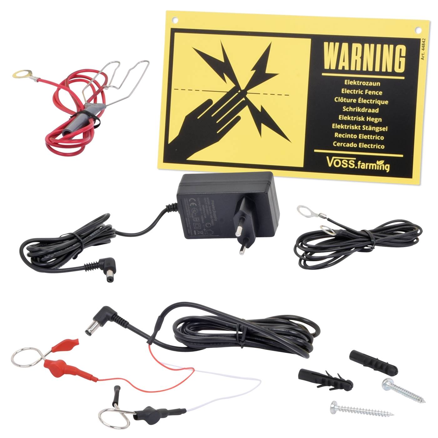 Hier afgebeeld zijn de netadapter, de accuaansluitkabel, de aardaansluitkabel en de afrasteringsaansluitkabel, het internationale waarschuwingsbord en twee schroeven met pluggen - allemaal behorend bij het schrikdraadapparaat.