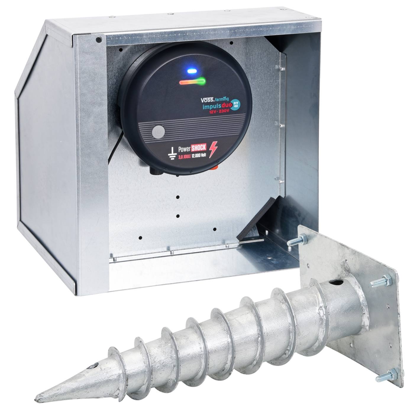 De hier getoonde VOSS.farming set is de doos met een ingebouwd 12V schrikdraadapparaat en een paal ervoor.