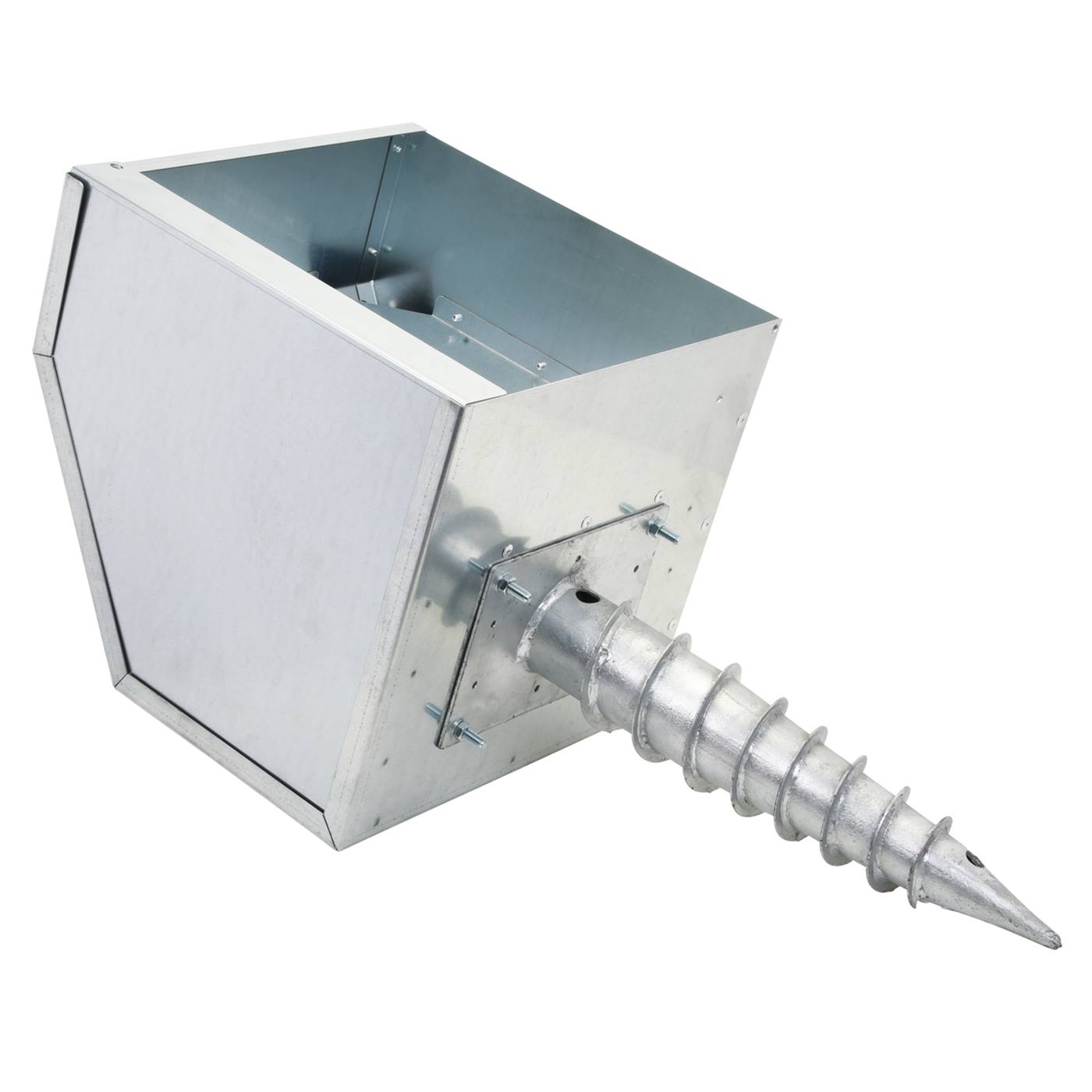 De metalen doos van de VOSS.farming set met aangehechte grondpen is hier te zien: liggend op een witte achtergrond.