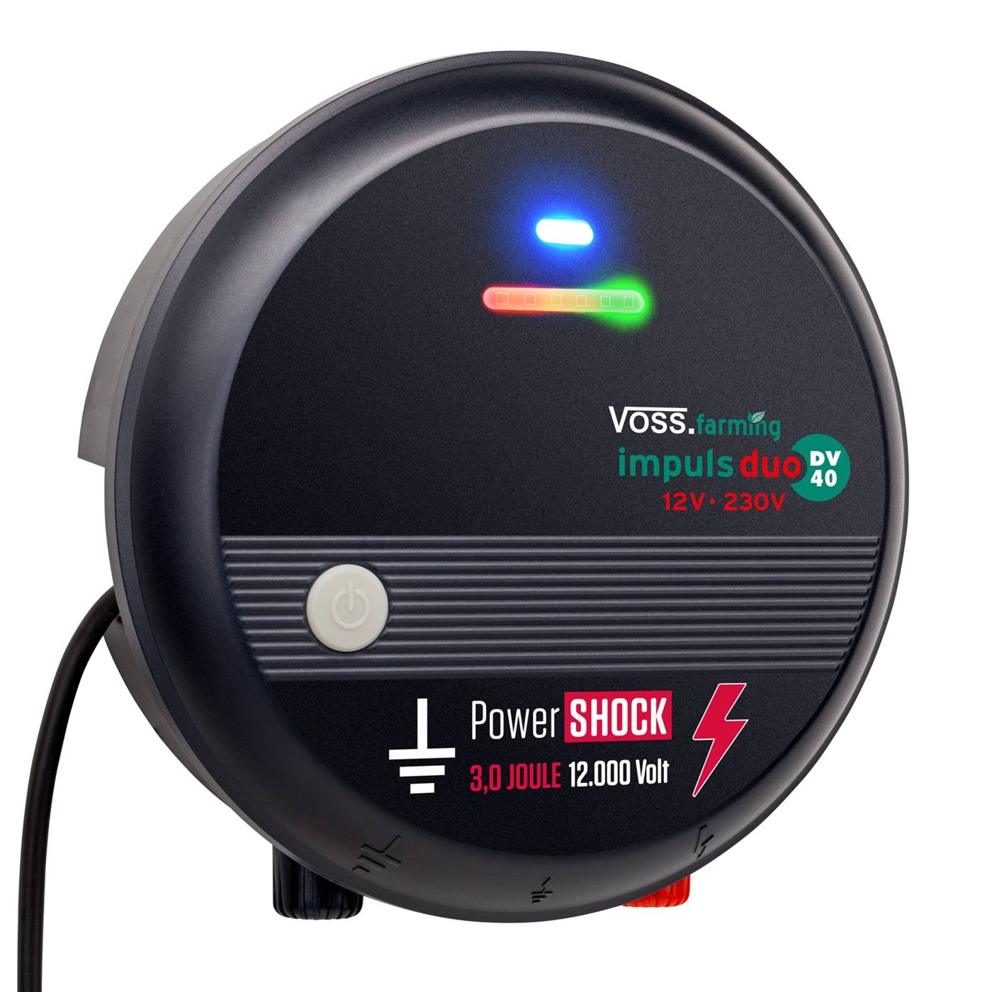 Rond zwart "VOSS.farming impuls duo DV40" schrikdraadapparaat van VOSS.farming voor 12V/230V, met indicatielampje.