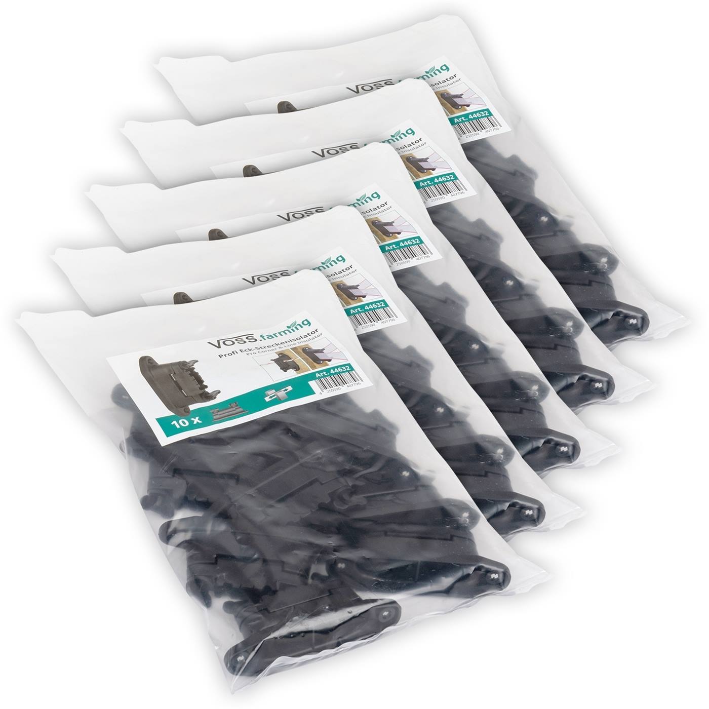 Dubbelklikken om te vergroten Vijf transparante plastic zakken met 50 VOSS.farming professionele isolatoren voor weidetape & touwdelen, gestapeld in een waaiervorm met zichtbare productlabels.