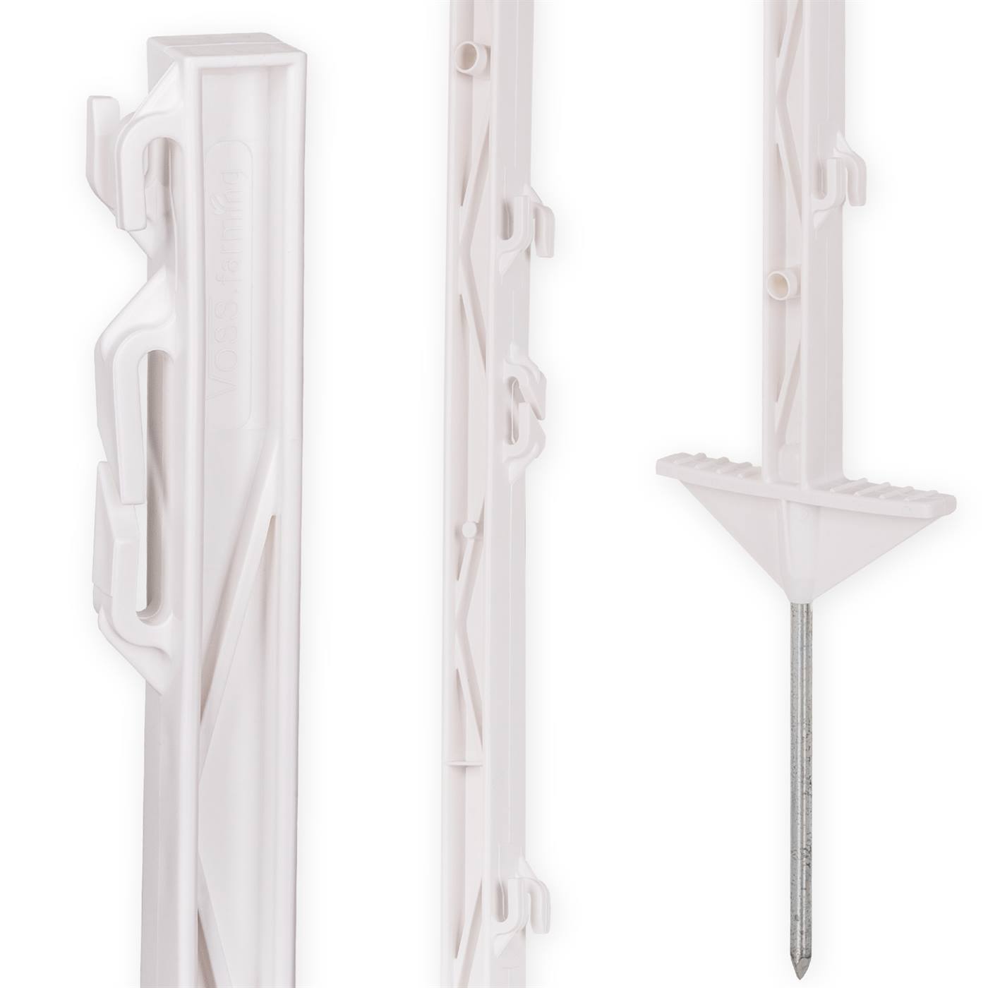 Close-up van een kunststof paal uit de VOSS.PET "De betaalbare hondenafrasteringsset" - je ziet de basis met de metalen pin en de oogjes voor het geleidermateriaal.