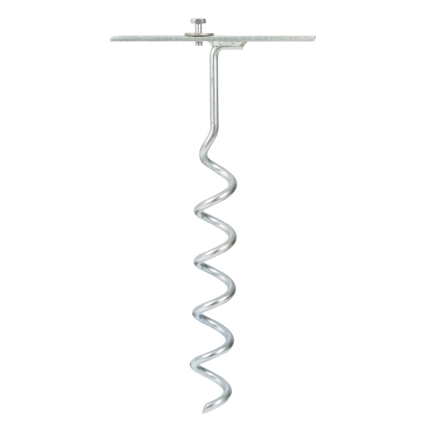 De anti-diefstalpaal VOSS.farming voor metalen draagbox wordt in de grond gestoken met behulp van het spiraalvormige uiteinde. Aan de platte stut aan de bovenkant wordt een metalen drager bevestigd met een bijgeleverde schroef.