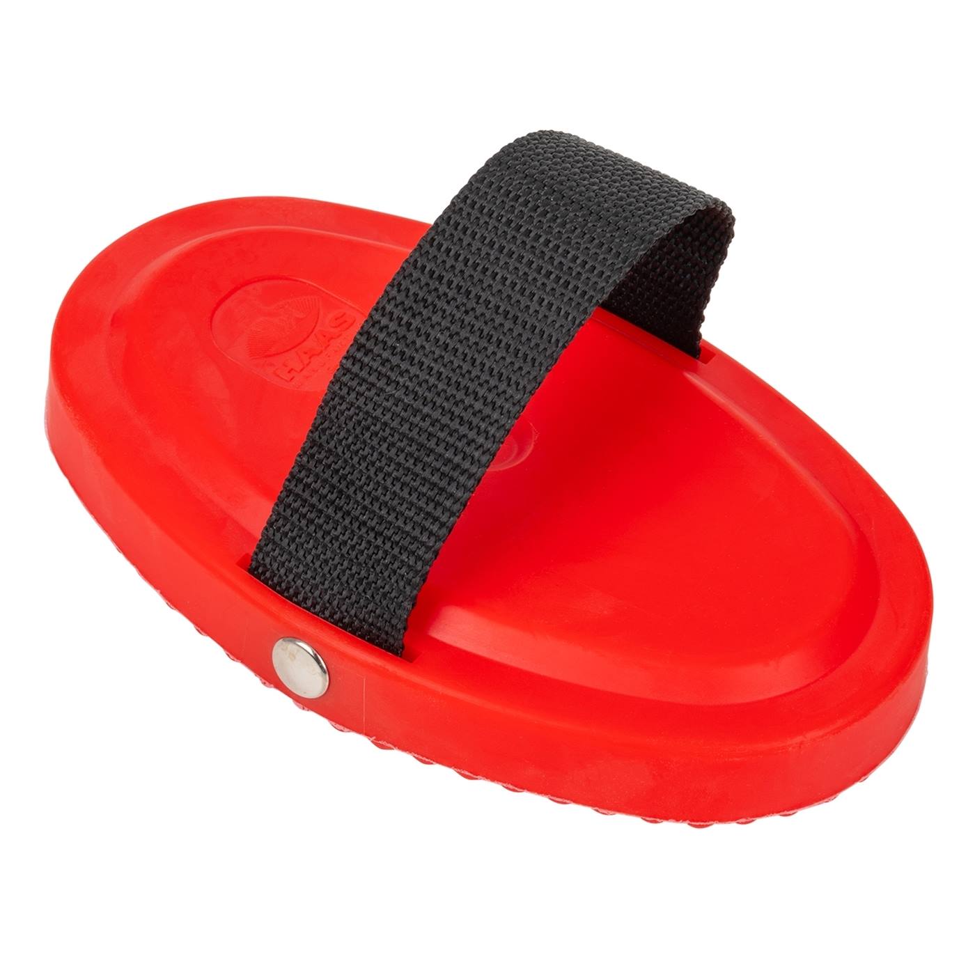 De HAAS currykam New Generation van Haas is een rode ovale currykam met een zwarte stoffen band, ontworpen voor het groomen van paarden en pony's.