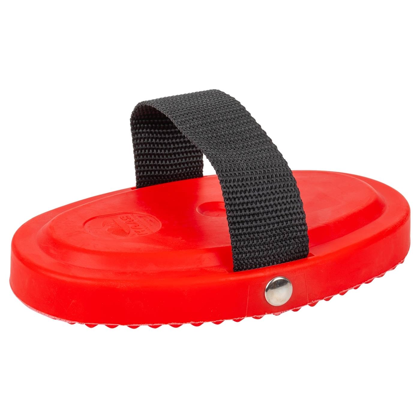 De Haas HAAS currykam New Generation is een rode ovale rubberen currykam met een zwarte band, ontworpen voor het groomen van paarden en pony's.