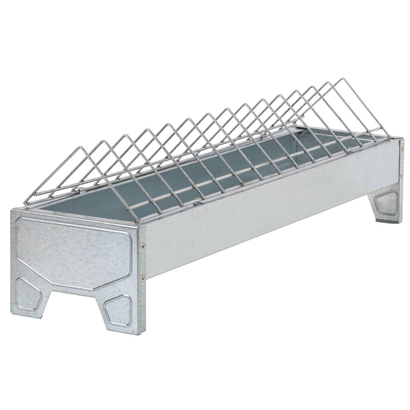 De GAUN lange trog is een 50 cm hoge voederbak van gegalvaniseerd metaal met 14 voercompartimenten en een schuin draadrooster bovenaan, ontworpen voor vee of pluimvee.