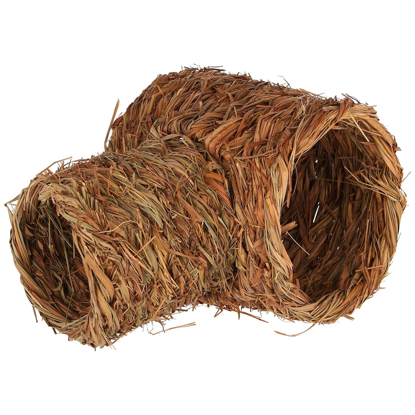 De grasslang 2-delig is een T-vormige geweven tunnel van gedroogd gras of stro, perfect voor kleine dieren of huisdieren.