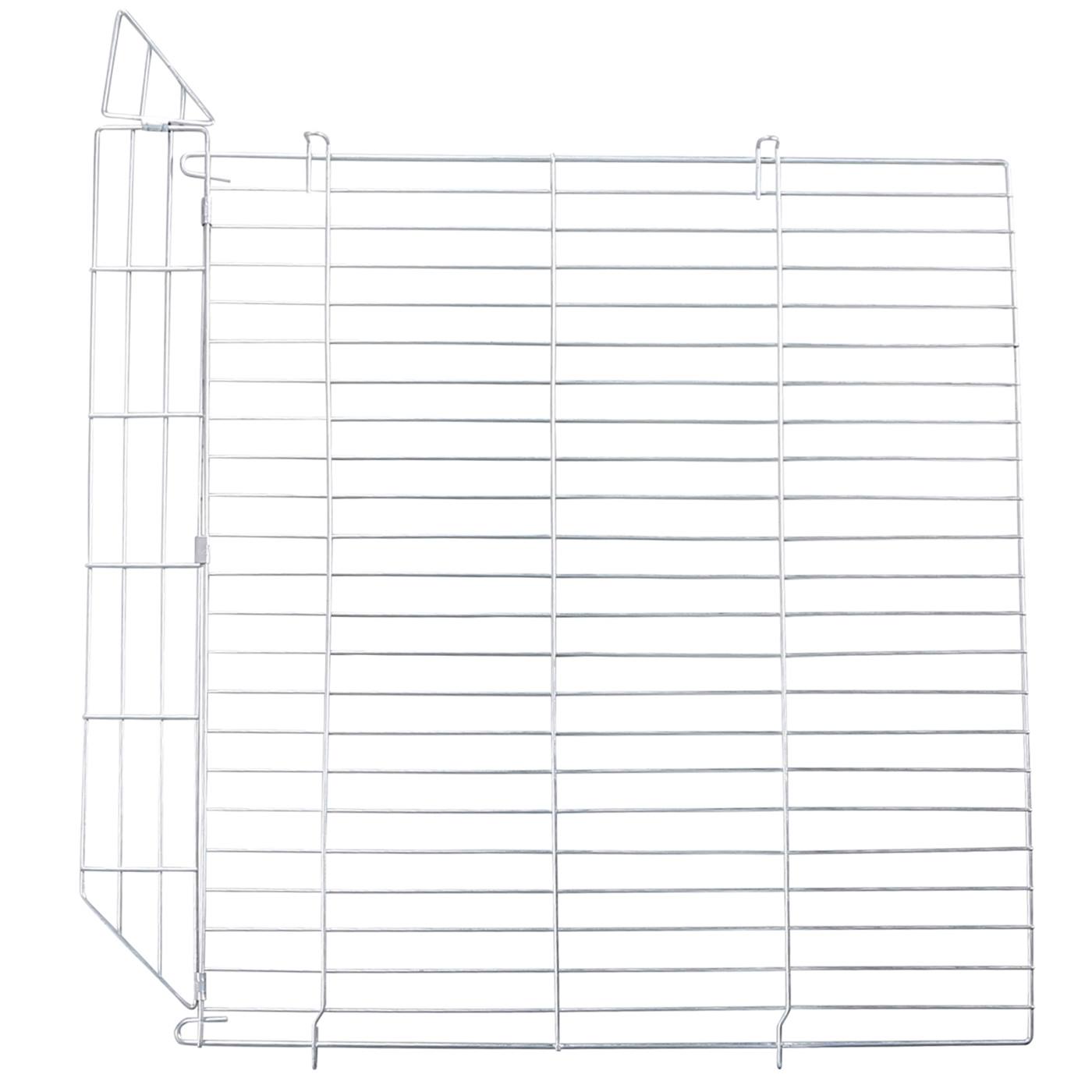 Uitbreidingselement voor vrije uitloop met vluchthek, gemaakt van metaal met dicht bij elkaar geplaatste steunen en inklapbare poten, van bovenaf gefotografeerd op een witte achtergrond.