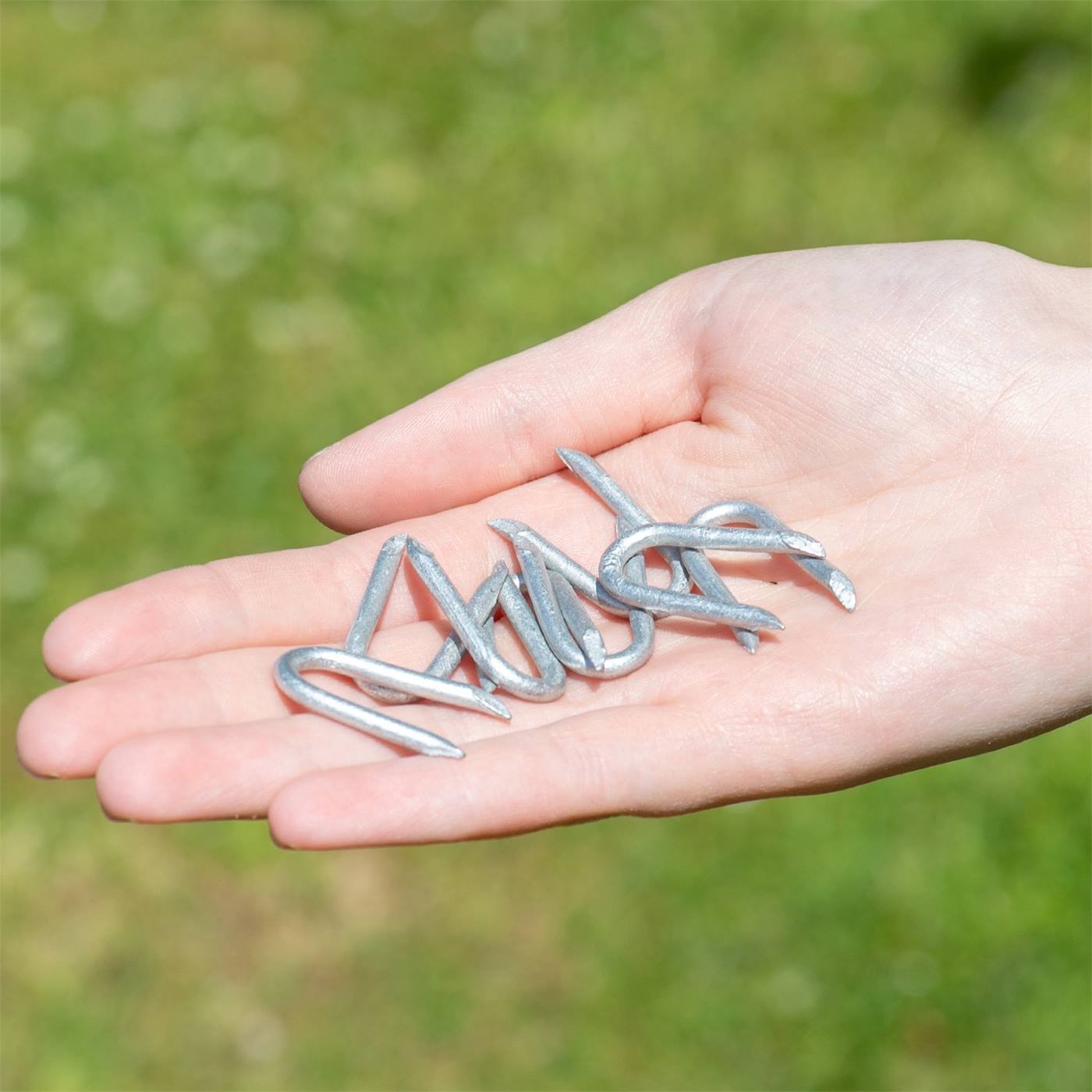 Dubbelklikken om te vergroten Een hand houdt verschillende VOSS.farming nieten, draadlussen, thermisch verzinkt, 2,2 x 25 mm (0,1 kg) vast voor een achtergrond van gras.