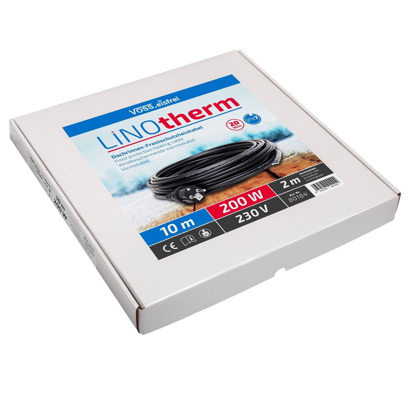 Een witte kartonnen doos met het opschrift VOSS.eisfrei bevat een 10 m lange, 200 W, 230V "LINOtherm" dakgootverwarmingskabel, geschikt voor dakgoot- en buisspoorverwarmingssystemen.