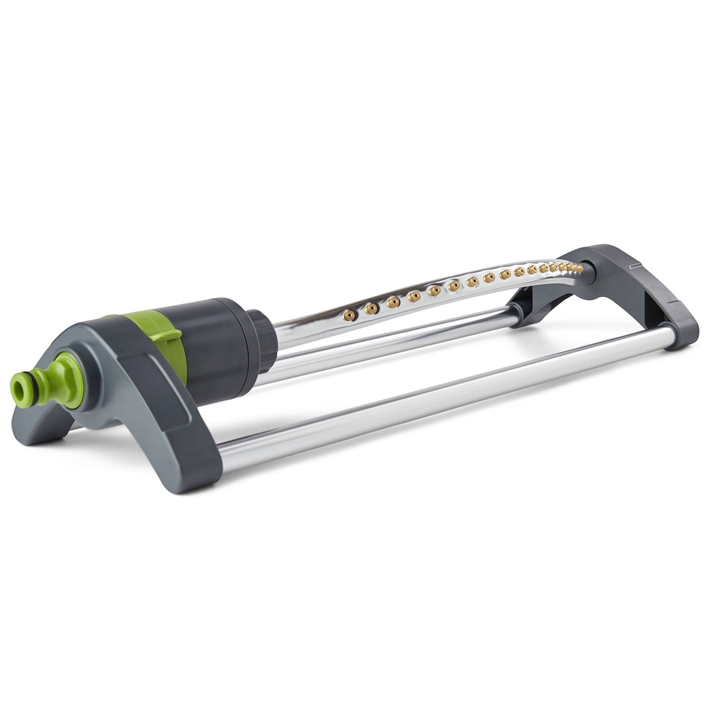 Gazonsproeier met 17 sproeiers op een witte achtergrond met groene slangaansluiting voor efficiënte besproeiing van grote oppervlakken.