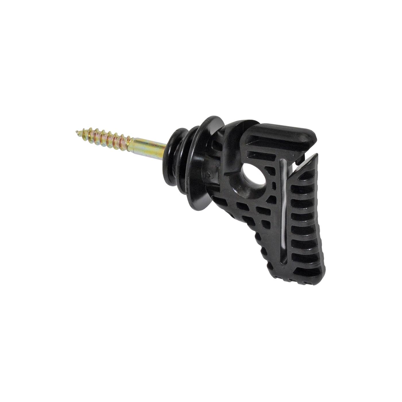 Een pak van 30 horizon COMBI isolatoren voor tape en touw, ontworpen voor houten palen, afgebeeld in zwart plastic met een metalen schroef op een witte achtergrond.