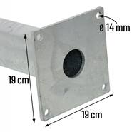 Growi®-vastzetpaal van 170 cm van rondbuis met voetplaat (Ø 102 mm) is voorzien van een vierkante metalen voetplaat (zijde 19 cm), vier hoekgaten en een centraal gat (14 mm), ideaal voor schoonmaak- en wasplaatsen.