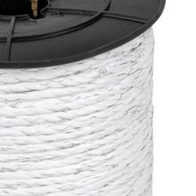 Schrikkoord 190 m, 6 mm, 6x 0,20 RVS, wit Zijaanzicht van een zwarte kunststofspoel met wit, gevlochten afrasteringskoord; fijne ingeweven Niro-draden zijn zichtbaar in de strengen, tegen een witte achtergrond.