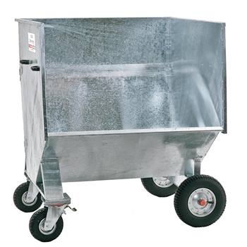 De Growi GROWI® Großraumkuli is een grote industriële kar (130 cm breed, 111 cm diep) met een open dak, schuine zijkanten en vier wielen (twee vaste, twee met luchtbanden), compatibel met de Euro-opname voor hooiladers.