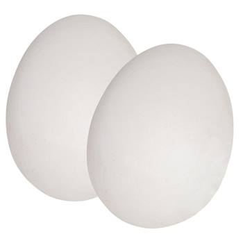 Twee witte eieren van keramiek voor kippen (legkippen) zijn naast elkaar geplaatst op een effen witte achtergrond.