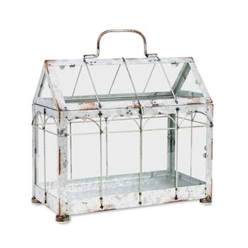 Kas S in vintage stijl gemaakt van ijzer & glas, 29.2x15.3x30.5cm: Kleine lege kas met puntdak en versierde raambogen.