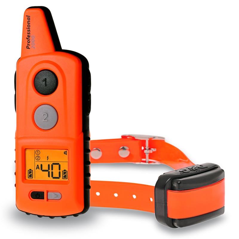 Figuur paars de eerste Dogtrace "D-Control professional 2000" 2000m trainingshalsband voor honden,  met oranje halsband
