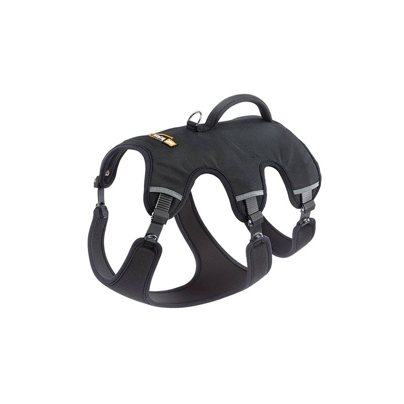 Grote weergave van de fotogalerij Ergotrekking hondentuig in zwart, maat XS, met verstelbare riemen, handvat aan de bovenkant en metalen ring voor bevestiging van de riem, op een witte achtergrond.