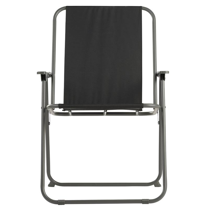 Grote weergave van de fotogalerij Een opvouwbare campingstoel - opvouwbare picknickstoel met armleuningen, belastbaar tot 110kg, met zwarte hoes en metalen frame, van voren voor een witte achtergrond.